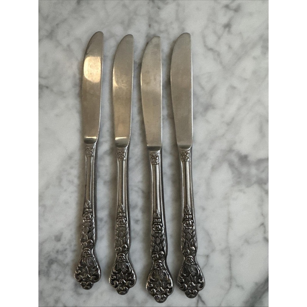 Versailles Stainless Steel Dinner Knives Set of 4 Floral Rose Pattern Silverware